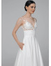 V Neck Ivory Lace Satin Empire Waist Wedding Dress